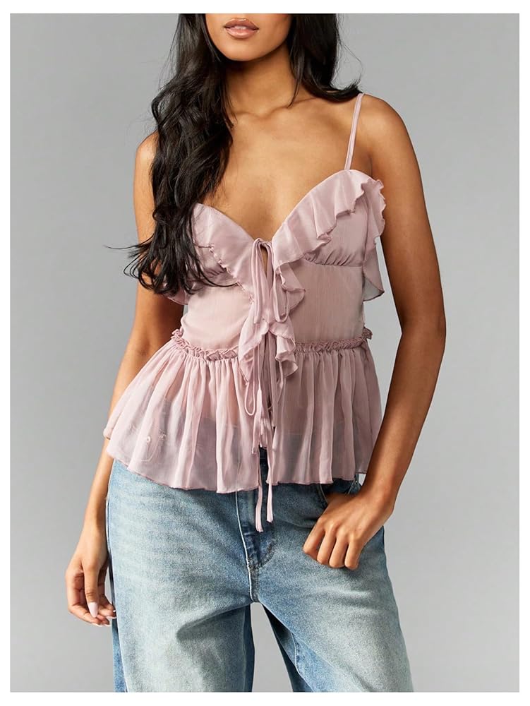 トップス (K07036) UN3D. HEM GATHER SH CAMISOLE SHENHE Women's Summer Bow Tie Front Camisole Frilly Layered